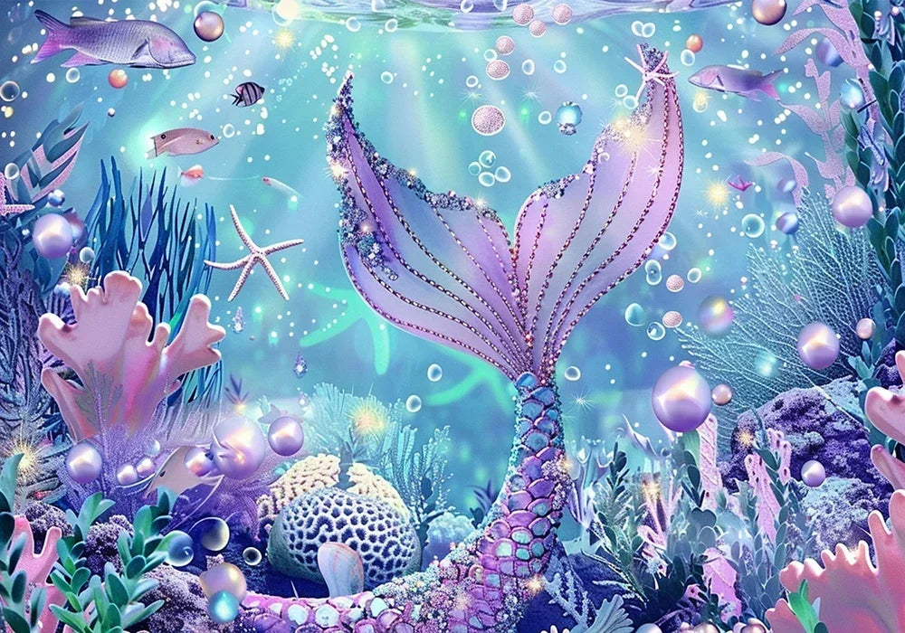 A vibrant underwater scene featuring a mermaid with a purple tail surrounded by glowing bubbles and marine life.