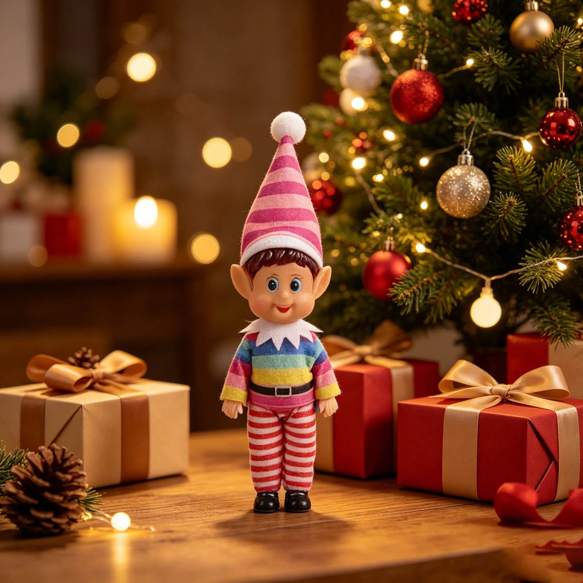 A small elf decoration wearing a pink and white hat stands in front of a decorated Christmas tree.