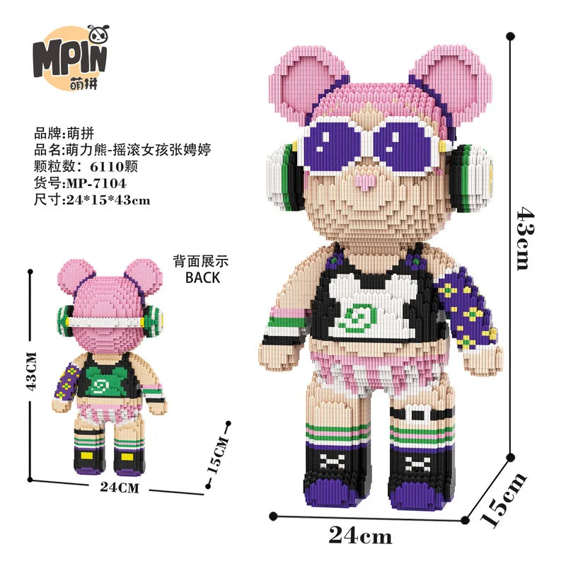 A pink bear figure made of micro building blocks with purple glasses and a black top.