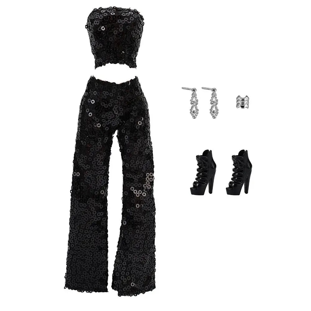 Black sequin party trousers set for fashion dolls including a top and boots
