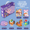 A box of six in one large block farm series puzzle featuring wooden animals like a cow, rabbit, and duck.