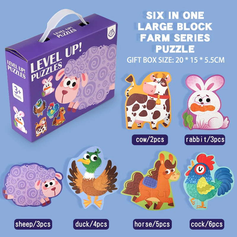 A box of six in one large block farm series puzzle featuring wooden animals like a cow, rabbit, and duck.