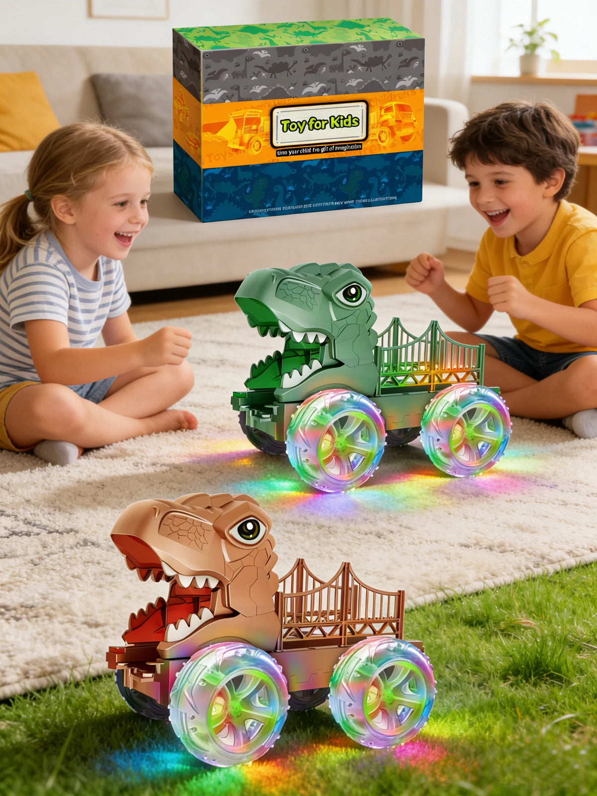 Dinosaur Monster Truck with Glowing LED Wheels – 2-Pack