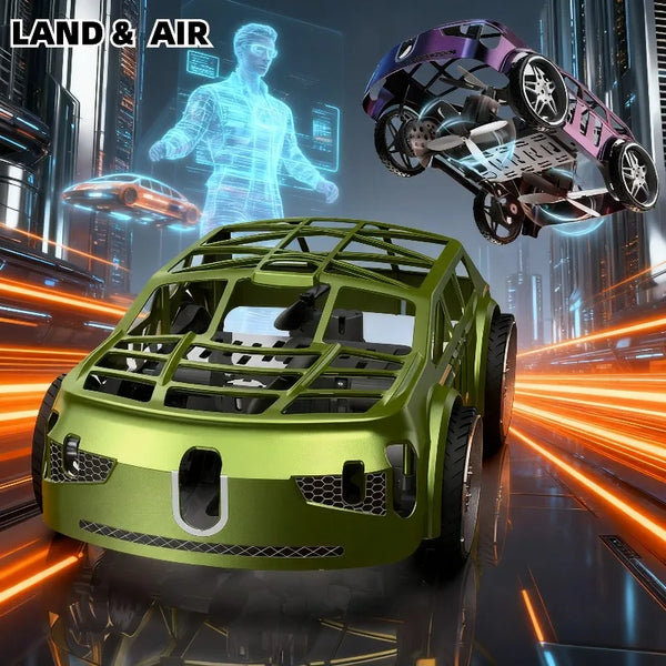 Limevihreä 2-in-1 RC-auto drone dynaamisessa kuvassa, taustalla violetti kilparadrone.