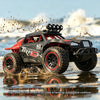 A red and black 1:18 scale high-speed off-road RC monster truck driving through water.