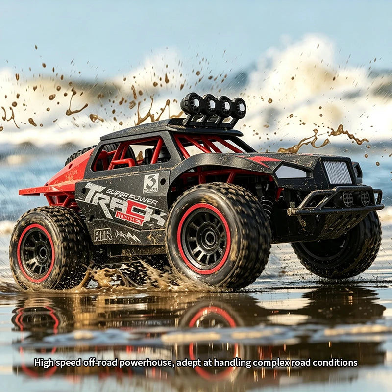 A red and black 1:18 scale high-speed off-road RC monster truck driving through water.
