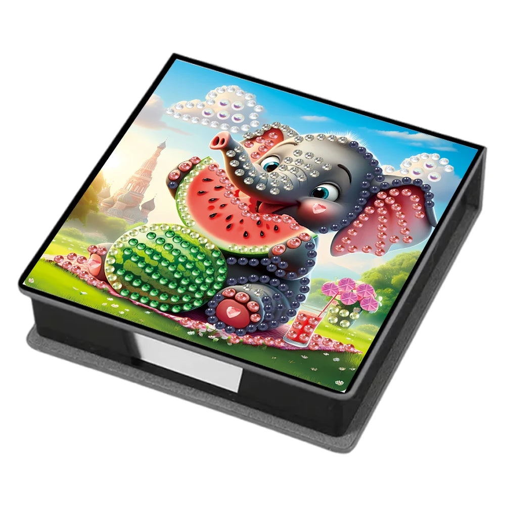 A leather diamond painting kit featuring an elephant design on a colorful background.