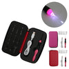 A black case containing an LED crochet hook set with nine interchangeable tips and a pink LED light display.