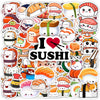A collection of kawaii sushi themed decals featuring various fish and rice rolls for crafting projects