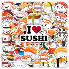 A collection of kawaii sushi themed decals featuring various fish and rice rolls for crafting projects