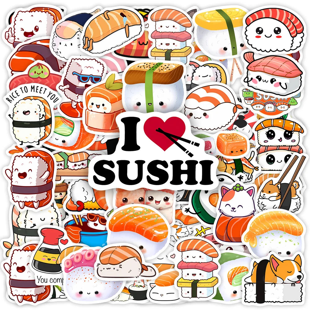 A collection of kawaii sushi themed decals featuring various fish and rice rolls for crafting projects