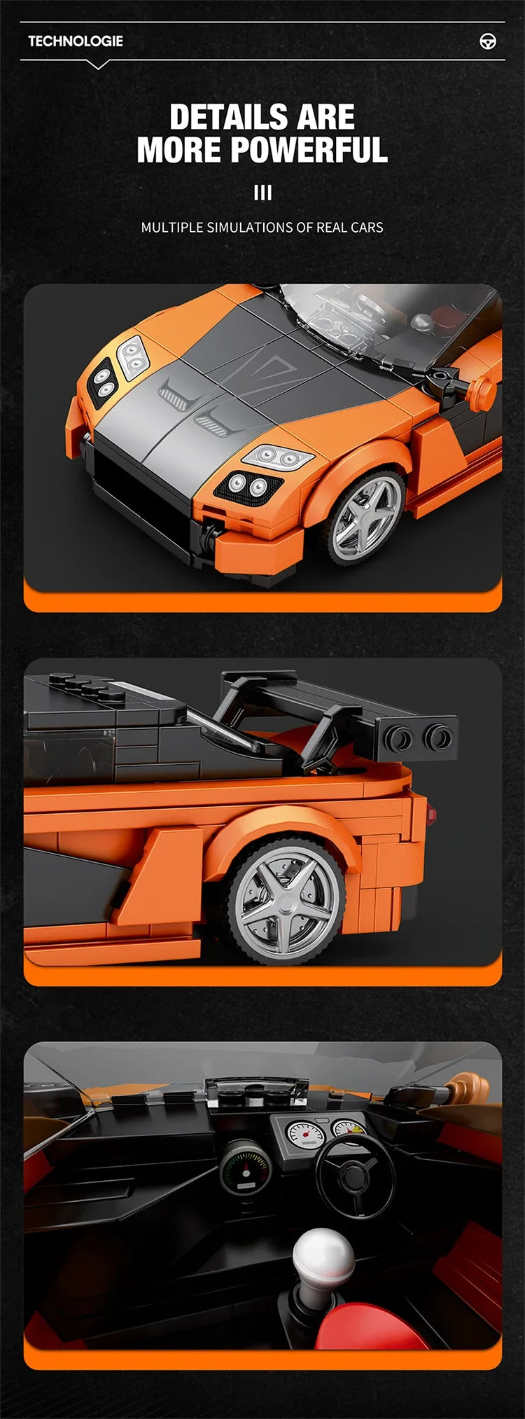 A detailed simulation of an orange sports car built from LEGO bricks, showing various angles and components.