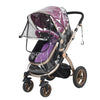 A purple and black universal stroller rain cover with a clear mesh top is shown.