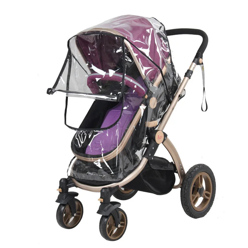 A purple and black universal stroller rain cover with a clear mesh top is shown.