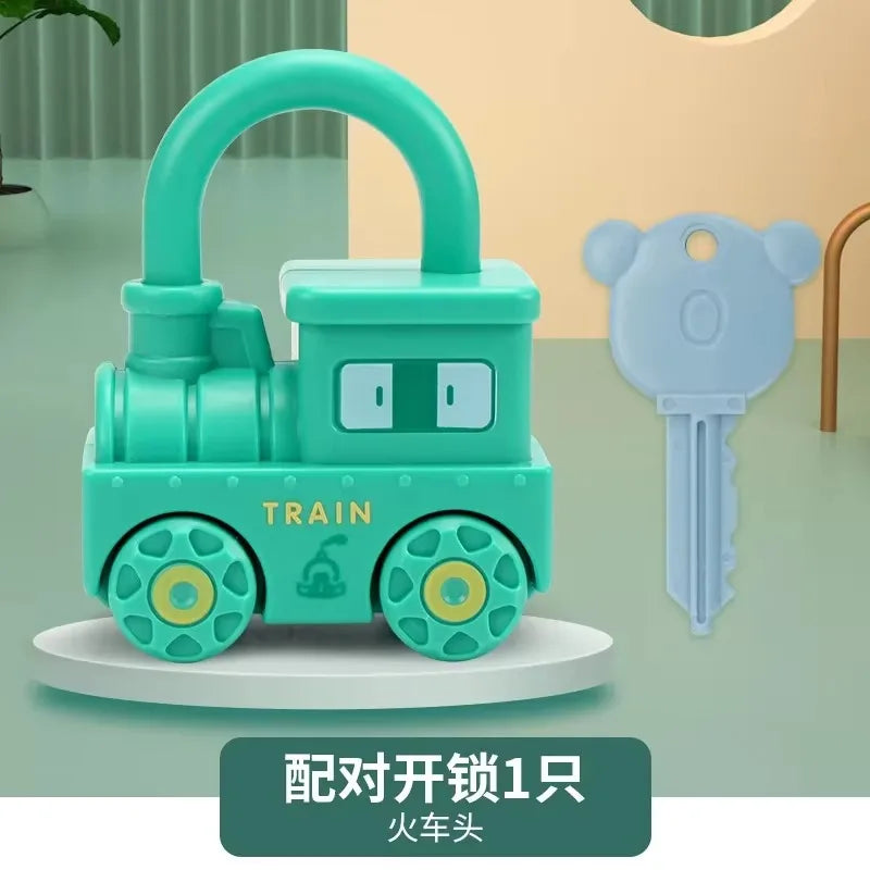 A teal train toy with a key is displayed on a white stand, intended as a Montessori number matching lock toy for toddlers.