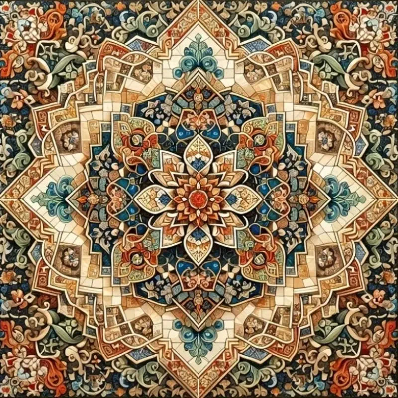 A detailed diamond painting featuring a colorful mandala abstract design with intricate patterns.