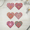A set of six heart-shaped DIY mandala flower diamond art bookmarks in various shades of pink, orange, and green.