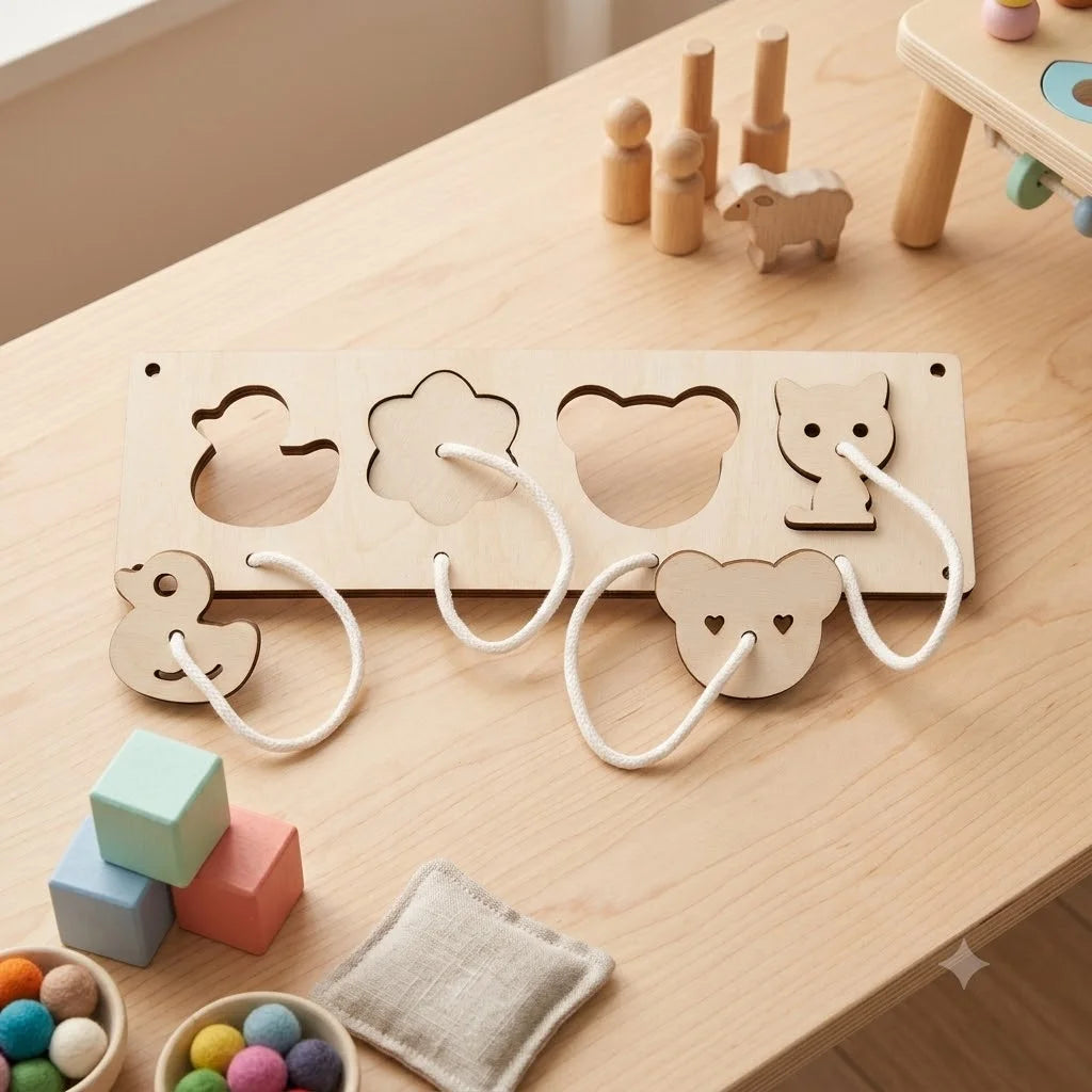 A wooden Montessori busy board for toddlers featuring various animal shapes and sensory elements on a light wood table.
