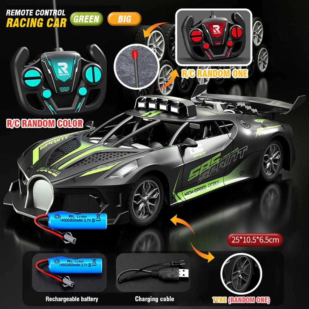 A black and green R/C racing car with a battery and charging cable shown in various angles.