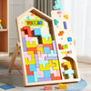A wooden Tetris puzzle set featuring colorful blocks arranged in a geometric frame.
