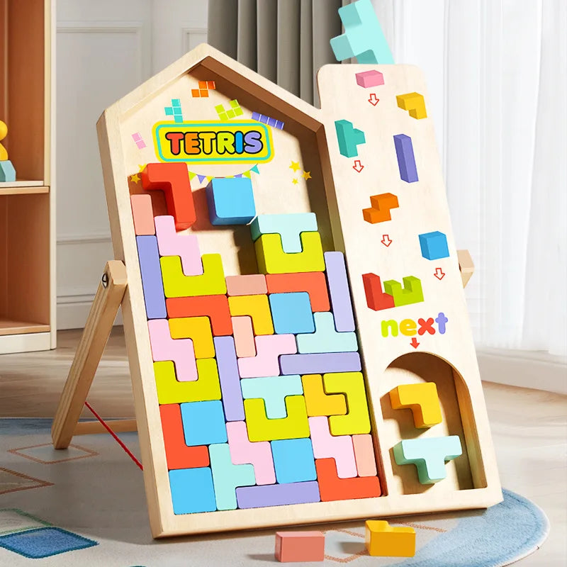 A wooden Tetris puzzle set featuring colorful blocks arranged in a geometric frame.