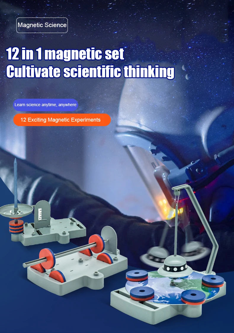A set of magnetic levitation experiments featuring various magnetic components and a scientific apparatus.