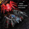 A red and black spider chariot slides and leaves toy car in action on a dark surface.