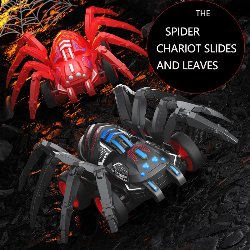 A red and black spider chariot slides and leaves toy car in action on a dark surface.