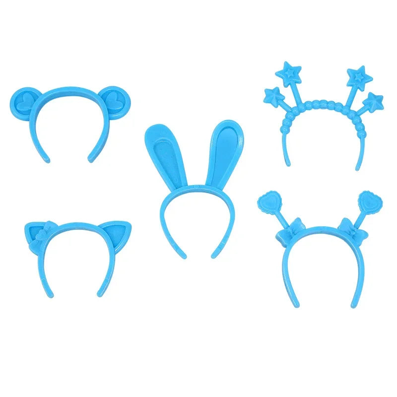 A set of blue rubber duck accessories including a headband, ears, and crown
