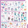 A collection of 12 sheets of glitter mermaid temporary tattoos featuring various sea creatures and magical designs.