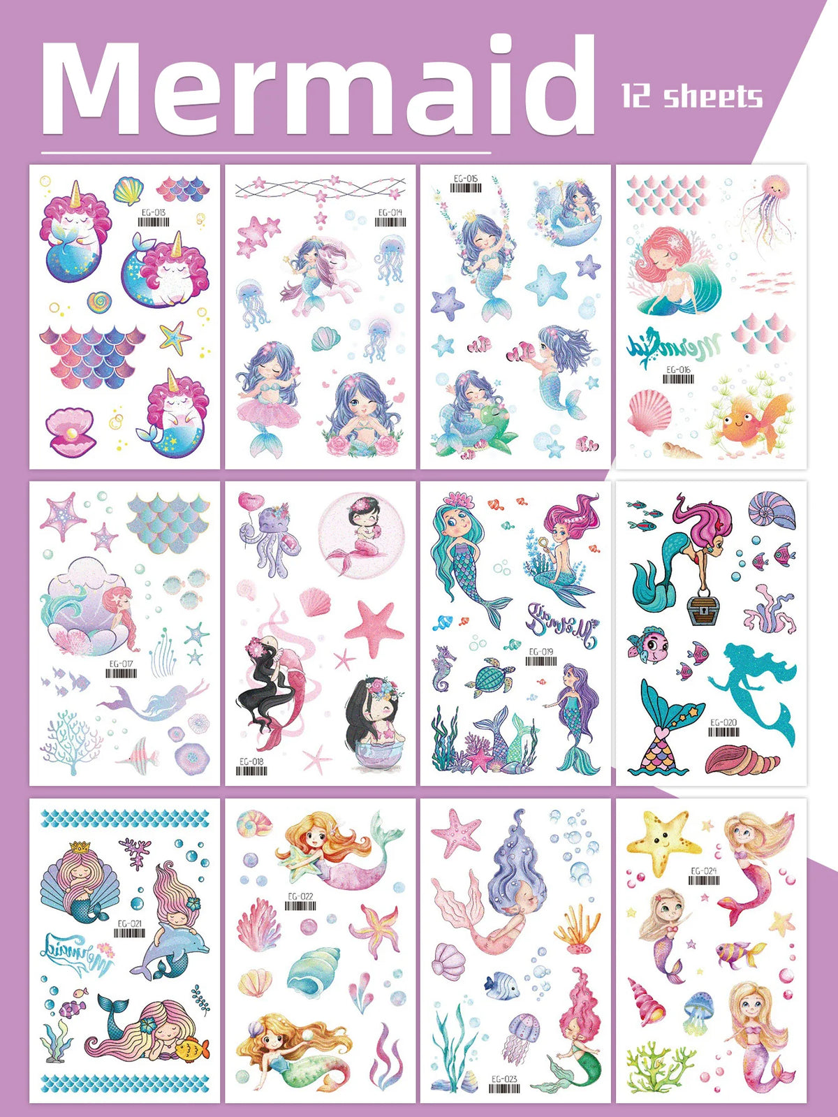 A collection of 12 sheets of glitter mermaid temporary tattoos featuring various sea creatures and magical designs.