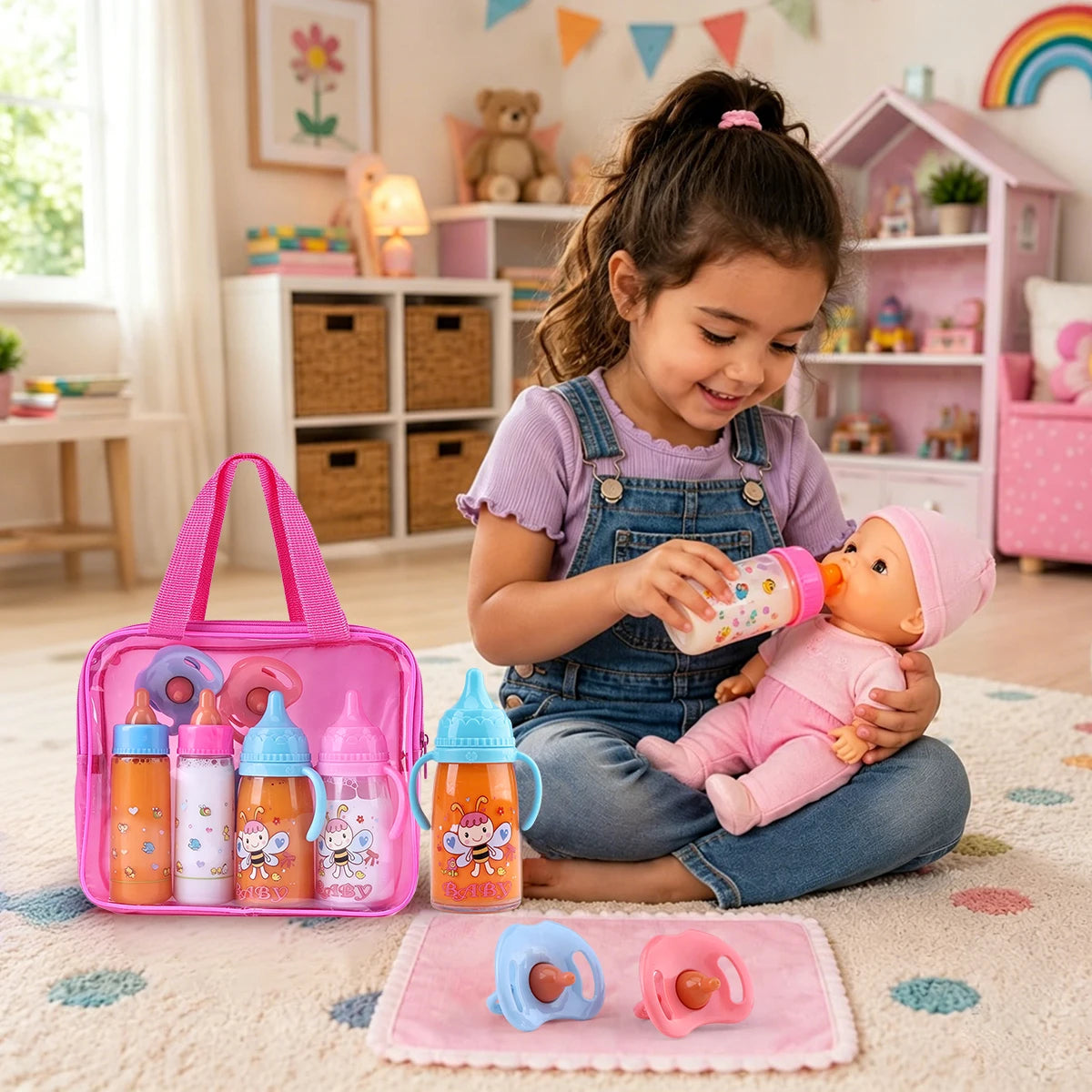A young girl is playing with a pink and orange milk bottle doll feeding playset and accessories on a rug.
