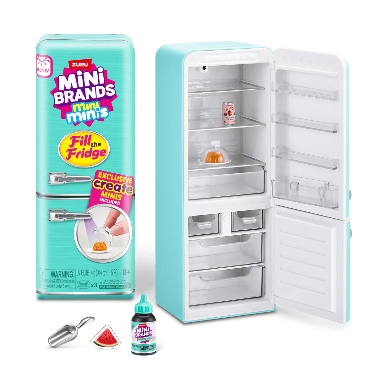 A Zuru Mini Brands Fill the Fridge collectible set featuring various mini food items in a light blue container and storage bo