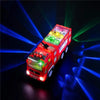 A red electric fire truck with flashing lights and siren effects is shown against a dark background.