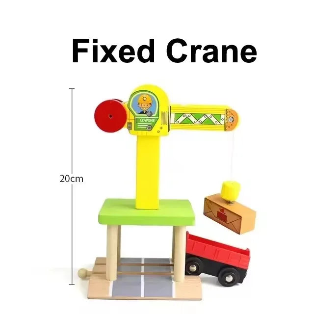 A yellow fixed crane toy with a wooden train track accessory set for creative railway play.