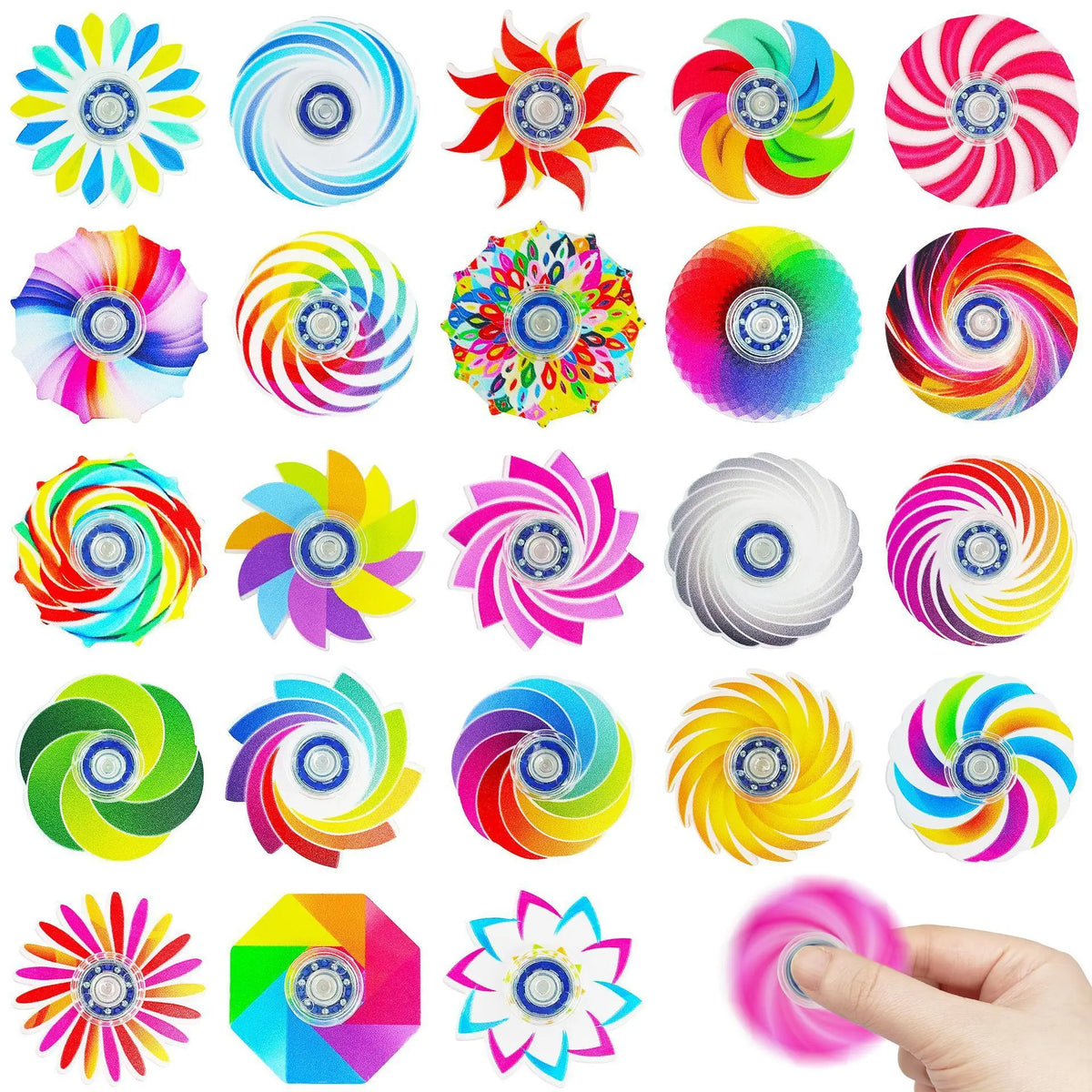A collection of colorful mini fidget spinners showing various designs and colors for stress relief.