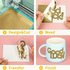 A four-step process showing design, cutting, weeding, and finishing of a holographic vinyl roll for a cutting machine.