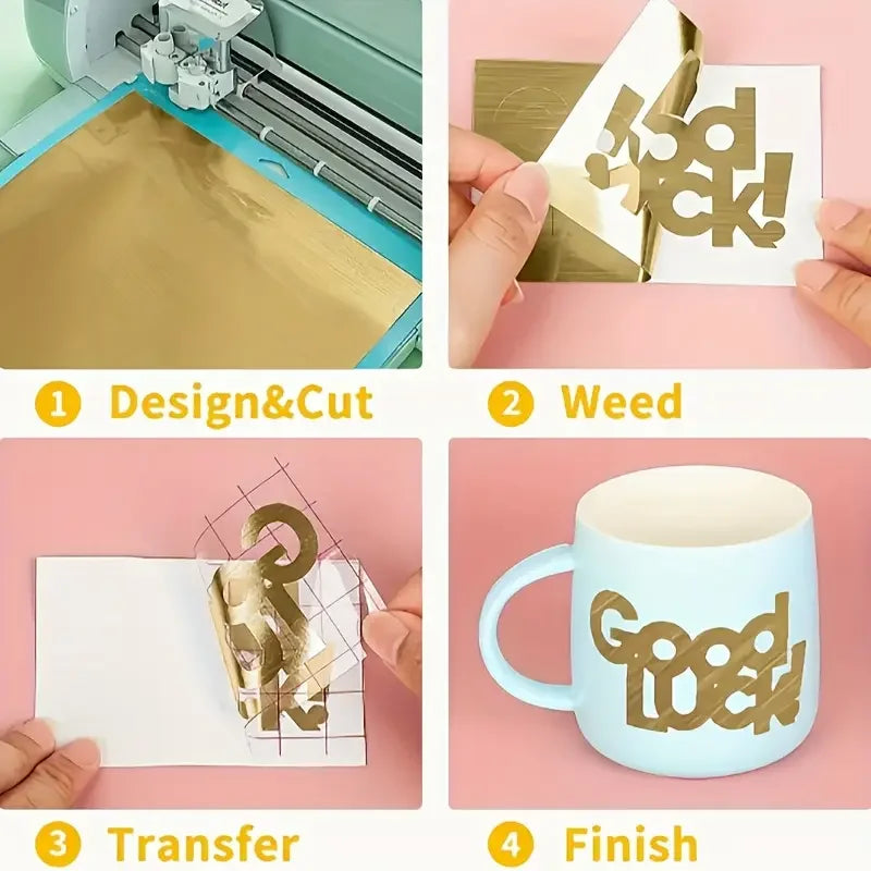 A four-step process showing design, cutting, weeding, and finishing of a holographic vinyl roll for a cutting machine.