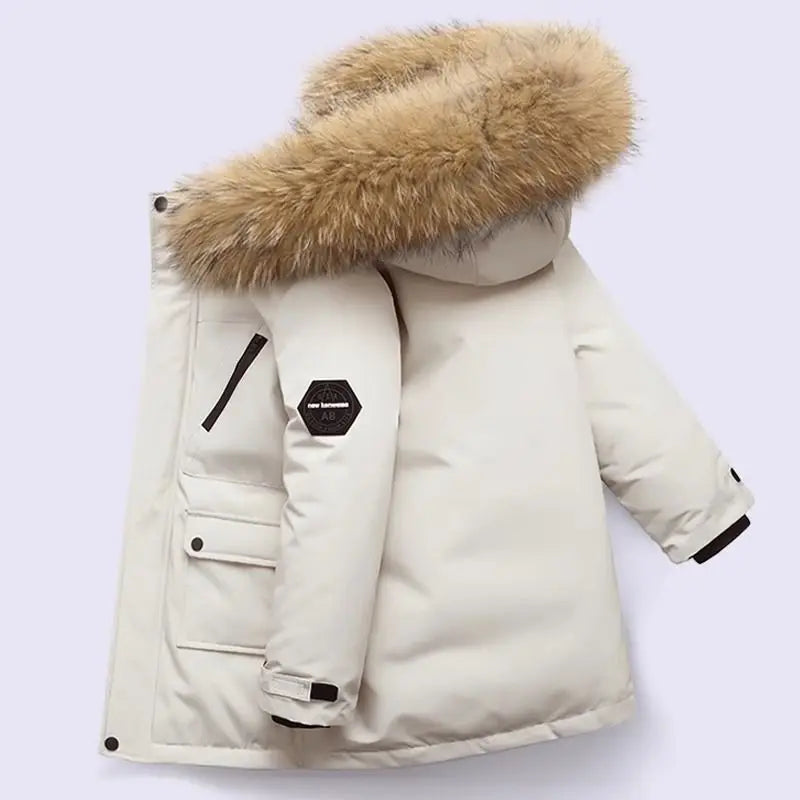 A cream-colored kids' hooded winter jacket with a thick, fluffy brown fur collar.