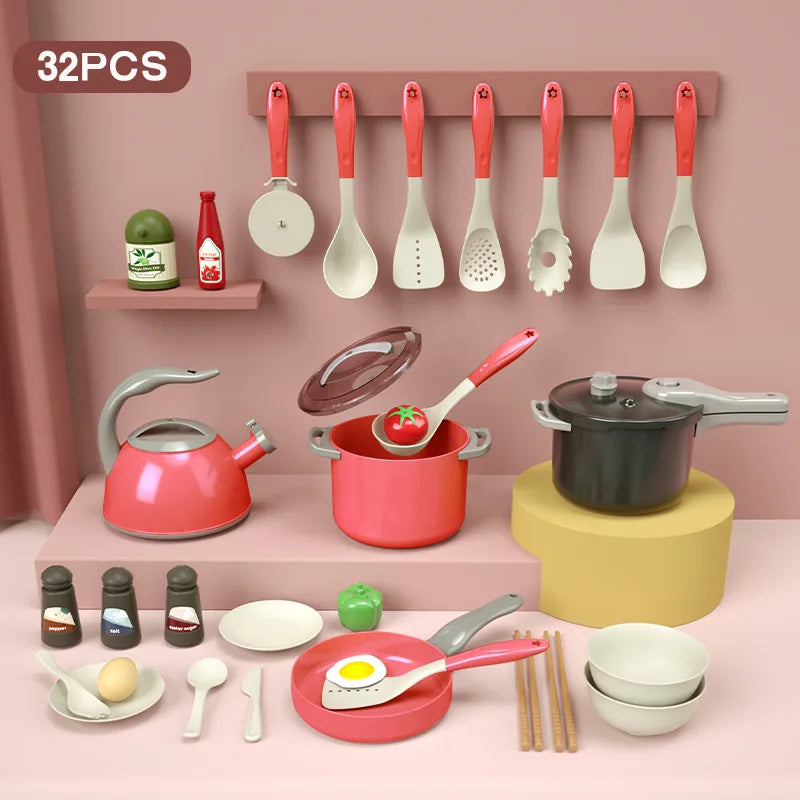 A set of 32 pieces of kids pretend play kitchen items including pots, pans, and various utensils displayed on a pink backgrou