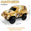 A plastic jeep toy with a camouflage pattern is shown, requiring two 5-battery cells for operation.