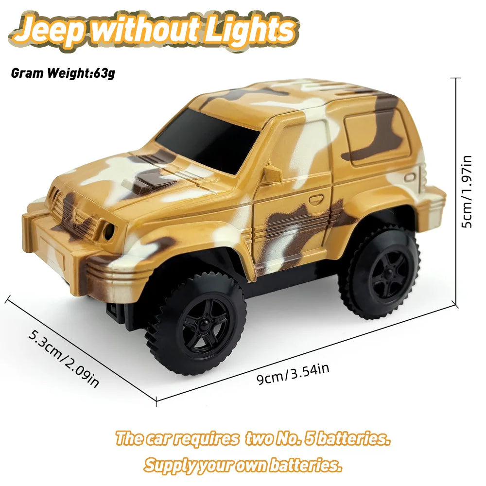 A plastic jeep toy with a camouflage pattern is shown, requiring two 5-battery cells for operation.