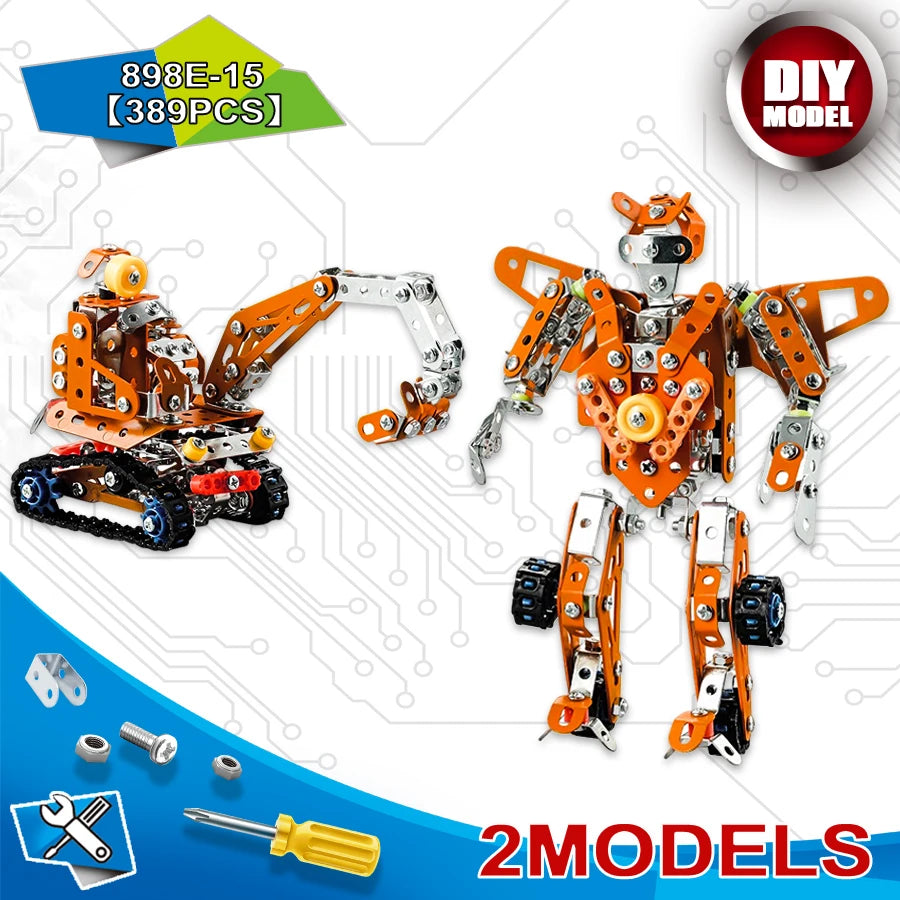 DIY model kit showing two metal engineering vehicle models and screwdriver tools