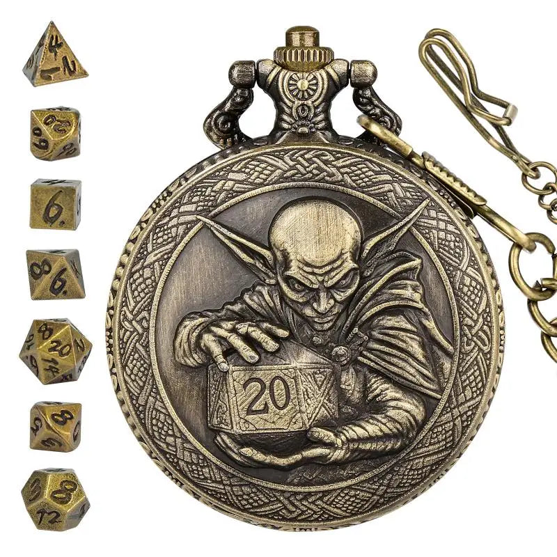 Metal Polyhedral Dice Set with Pocket Watch Case
