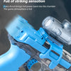 A close-up of a blue automatic electric water gun with a clear tank and flashing lights.