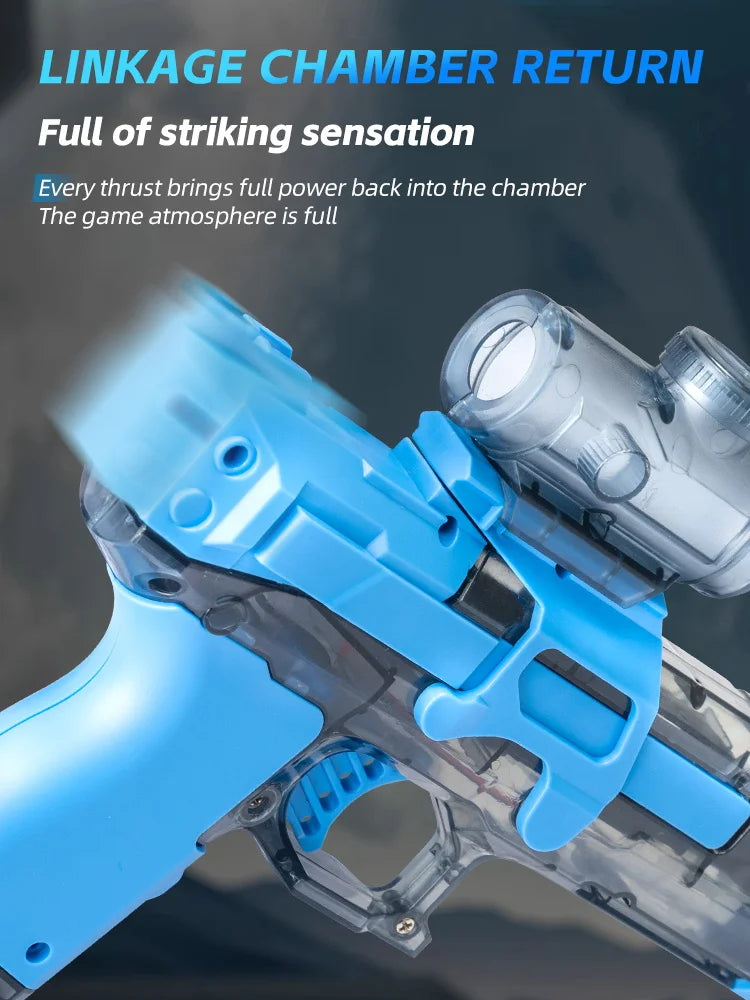 A close-up of a blue automatic electric water gun with a clear tank and flashing lights.