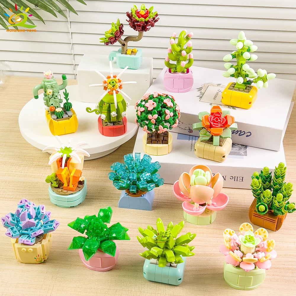 A collection of colorful DIY flower and succulent building blocks used for desktop plant decor.