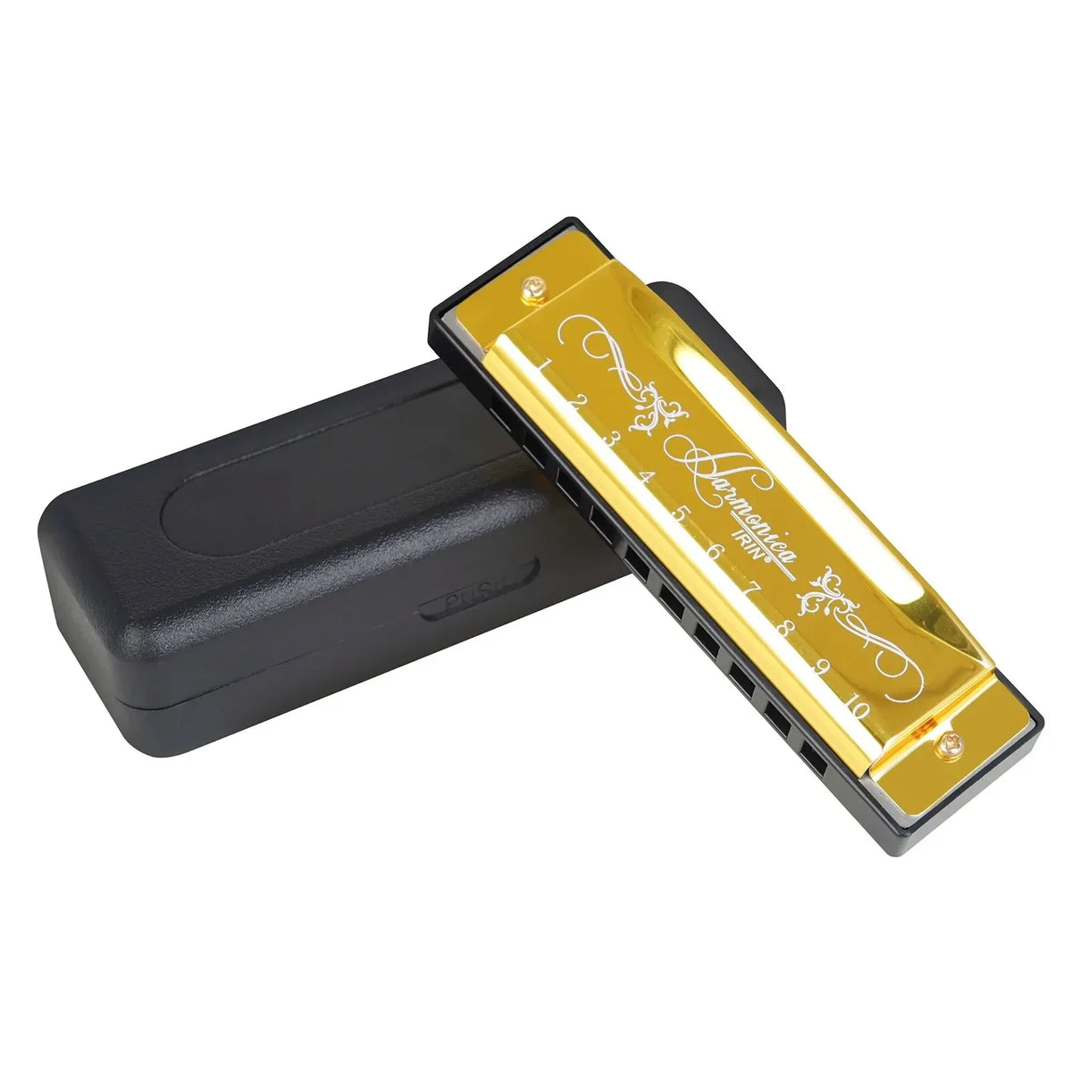 A yellow harmonica with ten holes is shown in a black case.