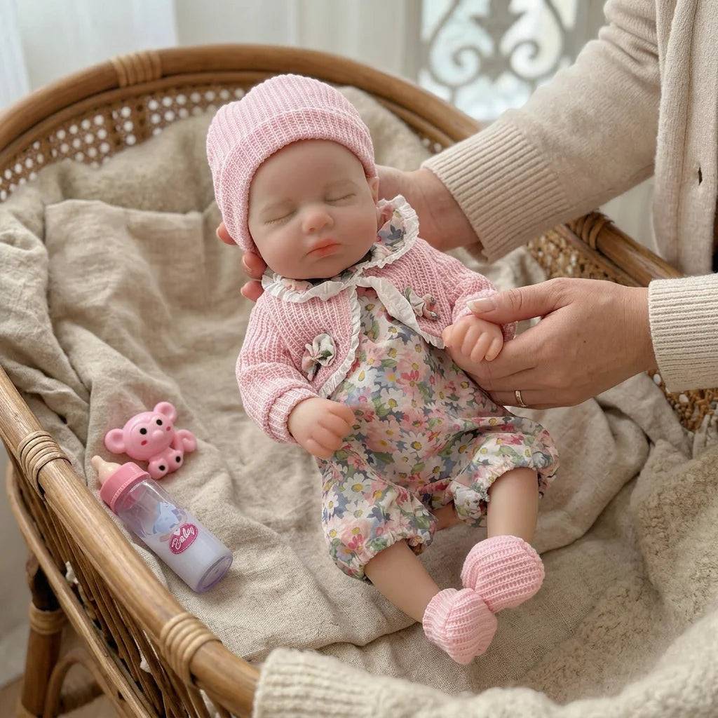 A newborn baby doll with pink knitted clothing is cradled in a wicker basket on a beige blanket.