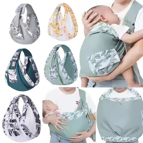 Varias estilos de arneses y portabebés cómodos para recién nacidos, en varios colores y estampados.